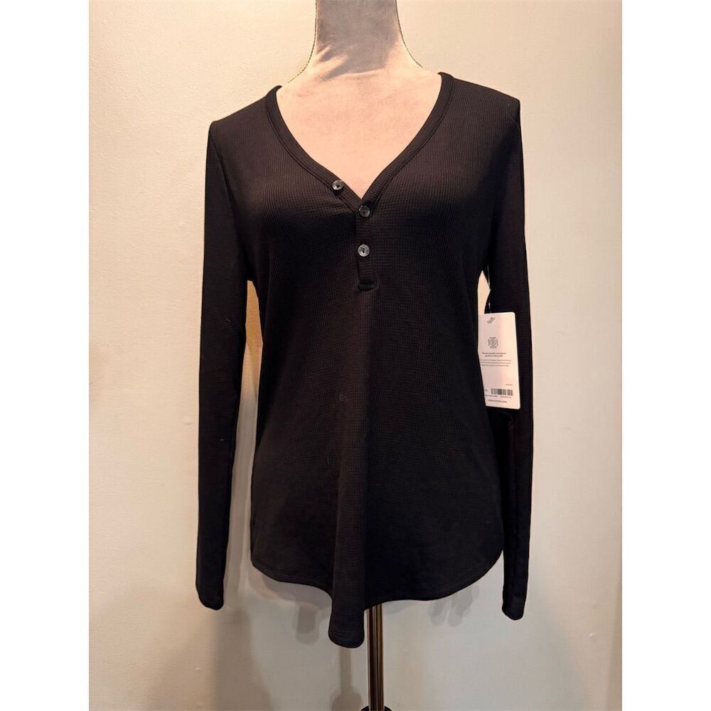 Athleta Women's M Black wind down sleep Long Sleeve Ribbed Henley T-Shirt NWT